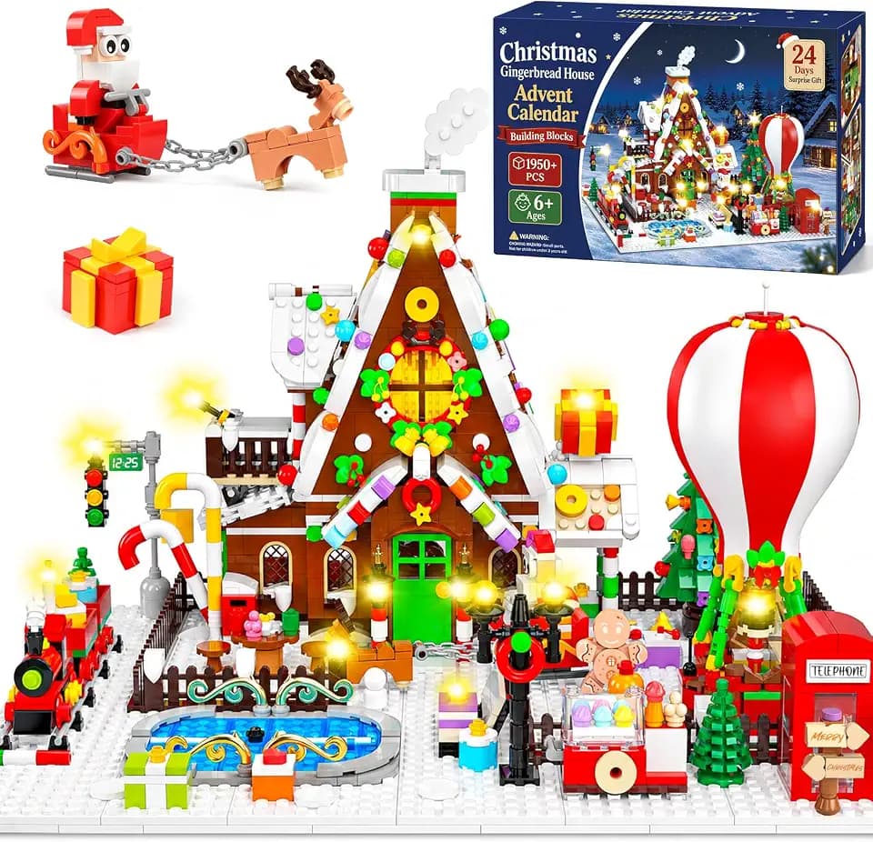 Adventskalender 2026 Kinder, 24 Tage Weihnachtskalender Klemmbausteine mit Licht, Weihnachtsdorf mit Lebkuchenhaus Weihnachtsbaum Zug, Weihnachtsgeschenke für Kinder Mädchen Jungen ab 6 Jahren