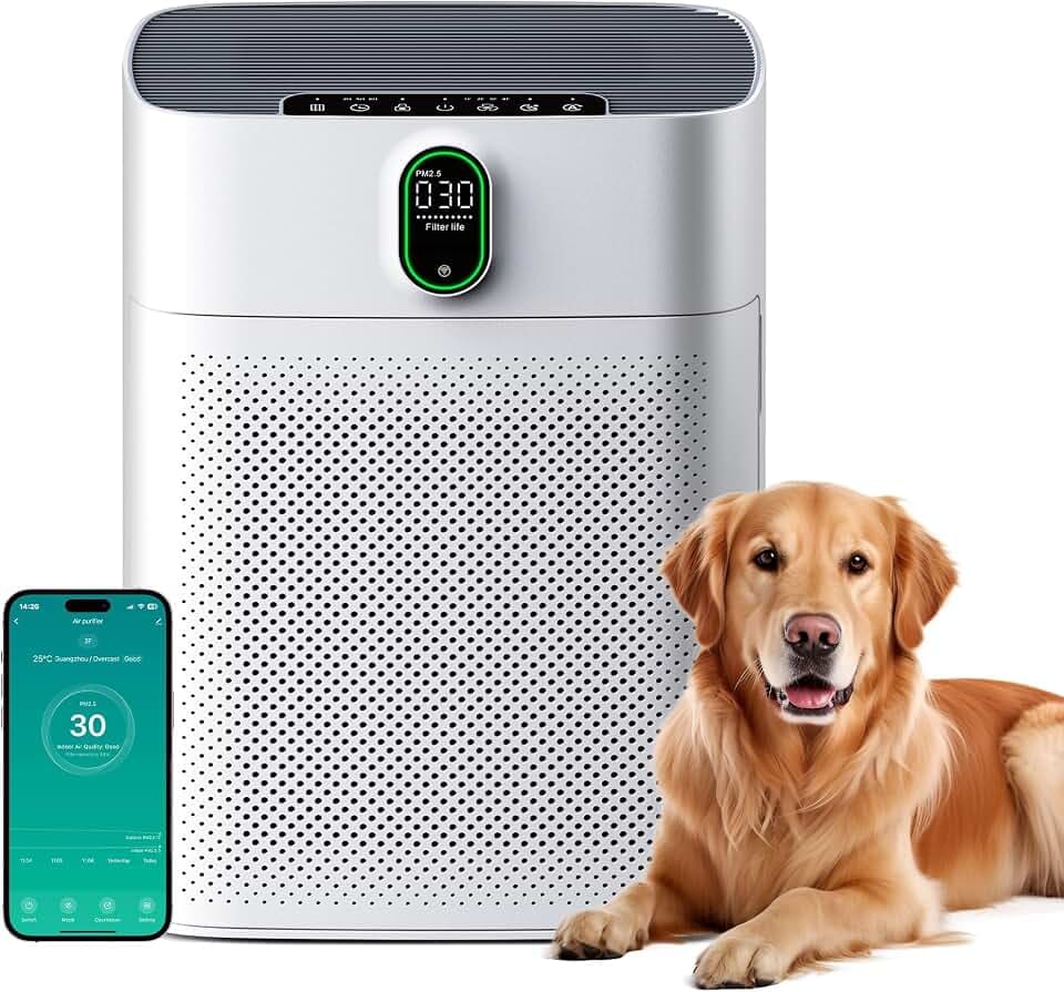 MERONTE Luftreiniger für Raucherräume, hypoallergen, Mattweiß | HEPA-Filter gegen Staub Pollen, CADR 300 m³/h für 100 m², 24 dB, Timer, Luftqualitätsfeedback & Auto-Modus, 1er Pack + 3 Modi