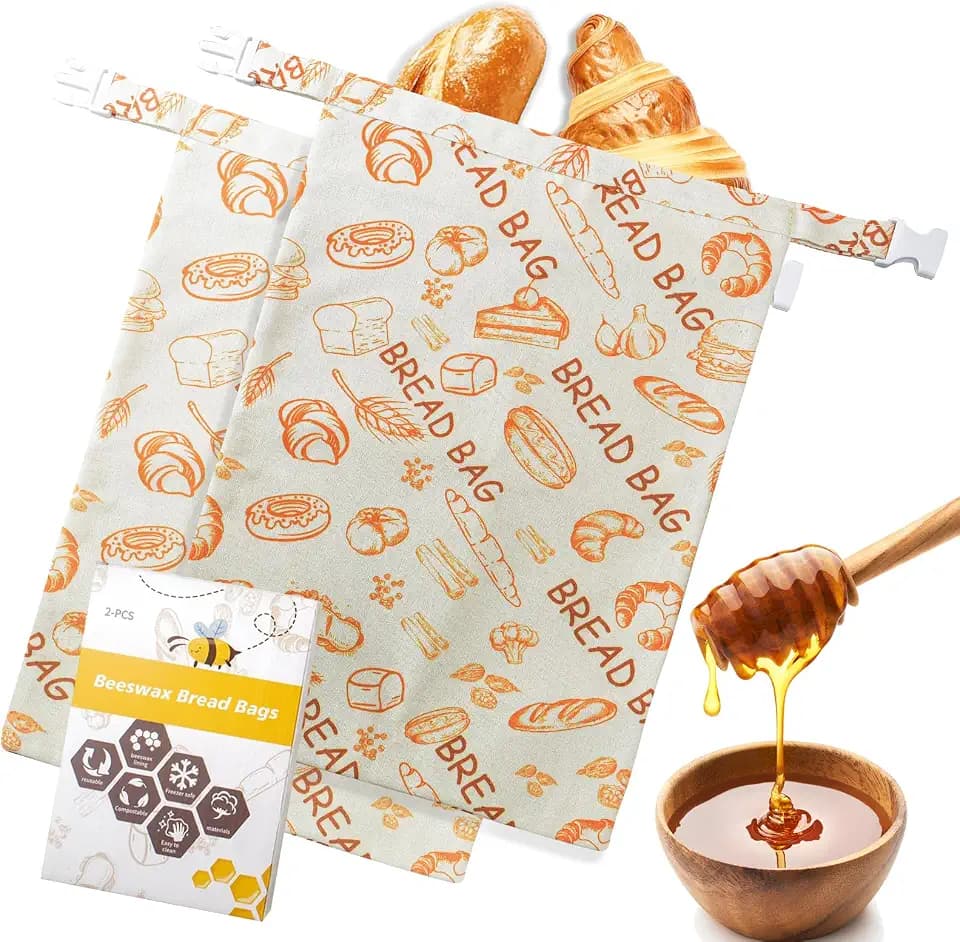 2er Set Wiederverwendbare Bienenwachs Brotbeutel, Baumwoll Brotbeutel mit Bienenwachs-Futter für Sauerteig & Brotaufbewahrung