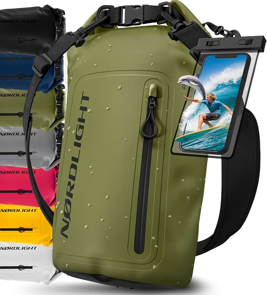 Nordlight Dry Bag wasserdichte Tasche mit Handyhülle + Roll-Top, Schultergurt | Drybag wasserfester Rucksack Beutel Packsack Seesack Wassersack Wetbag | Baden Schwimmen Strand SUP – Olivgrün, 30 Liter