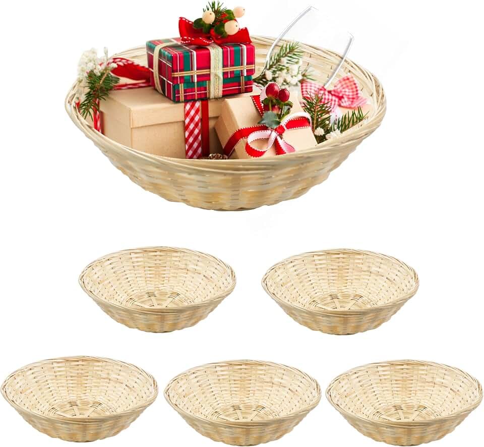 6 Pack Bamboo Bread Basket, 12" Round Stackable Gift Baskets, Woven Food Storage Serving Organizer for Vegetables Snacks Berry Fruit, for Kitchen Restaurant Centerpiece Display Party Wedding