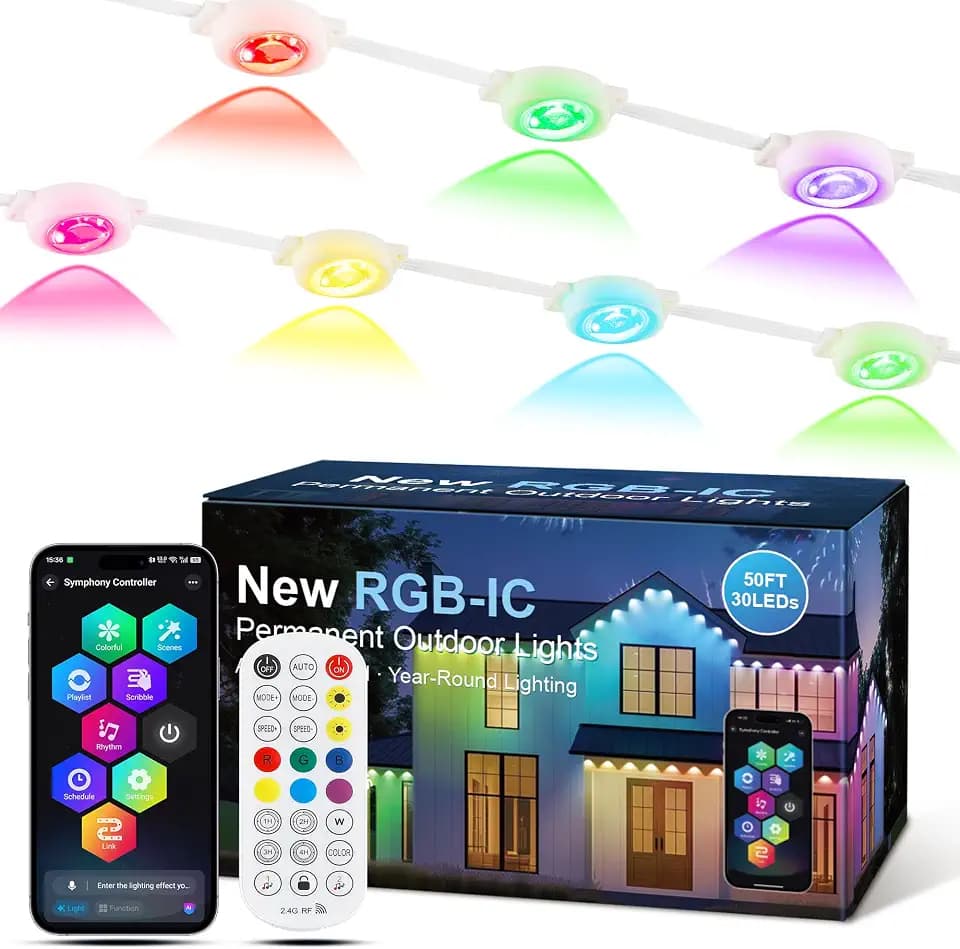 50ft Permanent Outdoor Lights with 30 Bright LEDs, 120° Wide Beam RGBIC Smart Eave Lights, 16 Million Colors & Music Sync, IP67 Waterproof Year-Round Architectural Lighting for House Decor
