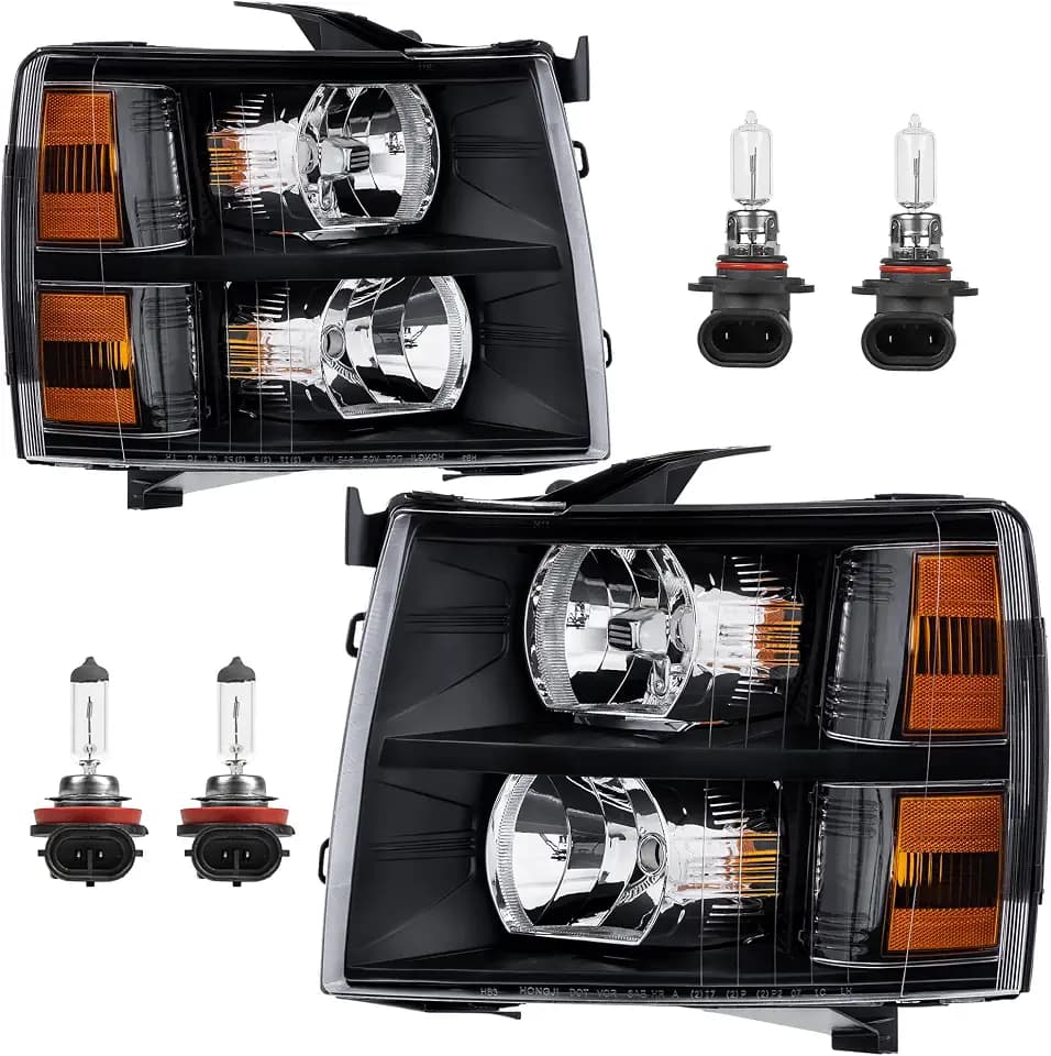 KUIPERAUTO Headlight Assembly Compatible with 2007-2013 Chevy Chevrolet Silverado 1500 2500HD 3500HD Front Lamp with Bulb Black Housing/Clear Lens/Amber Corner