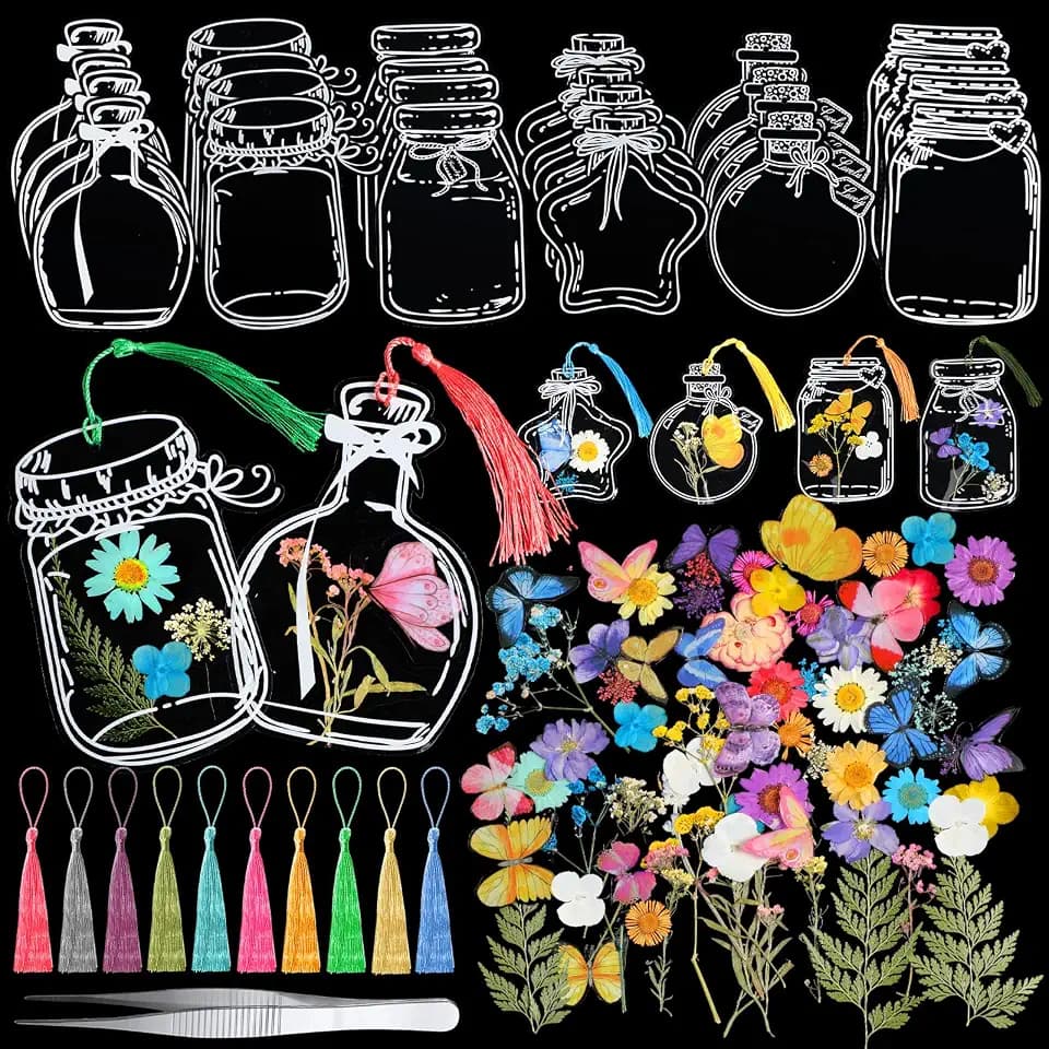 TaoBary 152 Pcs Dried Flower Bookmark Set DIY with Tassels, Rainbow Color