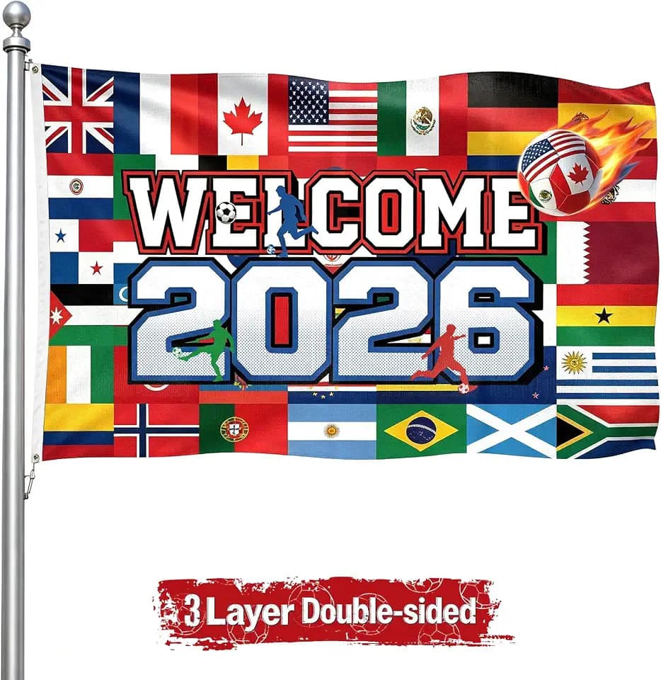 3 Ply World Football Tournament Cup Flag, Welcome 2026 Soccer Festival Flags 3x5 Ft, World Soccer Country Flag Banner Decorations for Outdoor Indoor