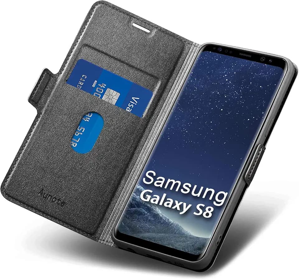 Aunote Samsung Galaxy S8 Handyhülle, Schutzhülle, Tasche, Klapphülle - Leder Etui Folio Flip Smartphone Cover Case Klappbar - Schwarz