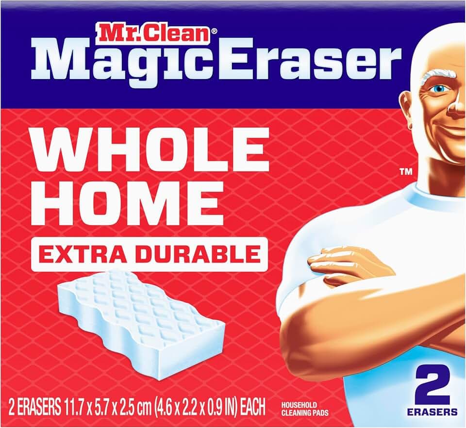 Mr. Clean Magic Eraser Sponge, All Purpose Cleaner, Cleaning Scrubber, Wall, Sneaker, Kitchen, Bathroom Cleaner, Shower Cleaning Supplies, Melamine Sponge, Cleaning Pads, Whole Home Extra Durable, 2ct