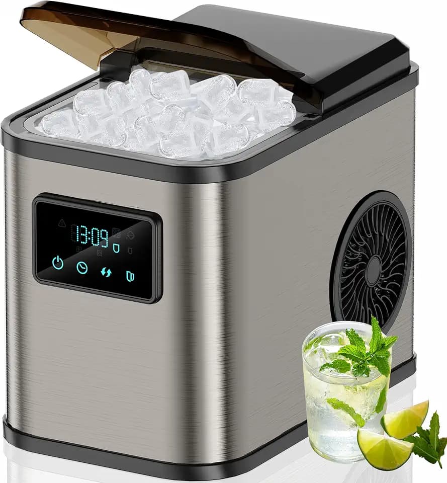 Edelstahl Eiswürfelmaschine mit LED-Display Eismaschine Eiswürfelbereiter und Reinigungsfunktion 2L Wassertank inklusive Eisschaufel und Korb 2 Eiswürfel Größen für Küche Büro Bar und Party