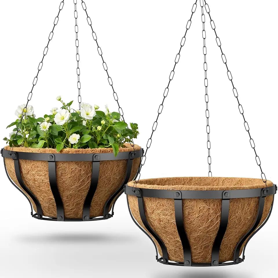 VOXOR Metal Hanging Baskets for Plants, Heavy Duty Wrought Iron Hanging Baskets with Coco Liner & Reinforced Chain, Ideal for Garden, Patio & Porch Decoration (2 Pack, 12 Inch)