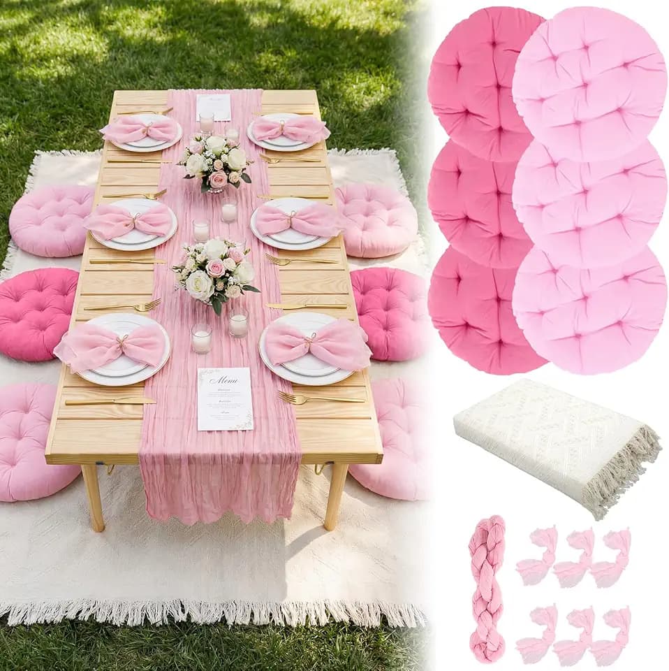 Beeveer 91 x 71'' Extra Large Outdoor Picnic Blanket with Pink Table Runner 6 Napkins and 6 Pink Floor Pillows Cushions for Picnic Party Camping Wedding Bachelorette Birthday Baby Shower Decor