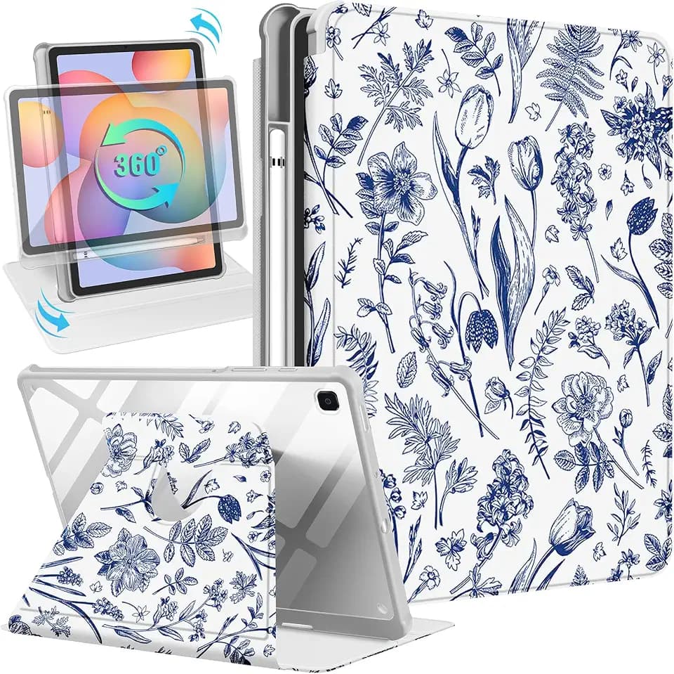 Kidcube for Samsung Galaxy Tab S6 Lite Case 10.4 Inch 2022/2020 for Women Girls Cute Folio Cover with Pencil Holder Floral Flower Pretty Girly Design Rotating Stand Tablet Cases SM-P610/P613/P615/P619