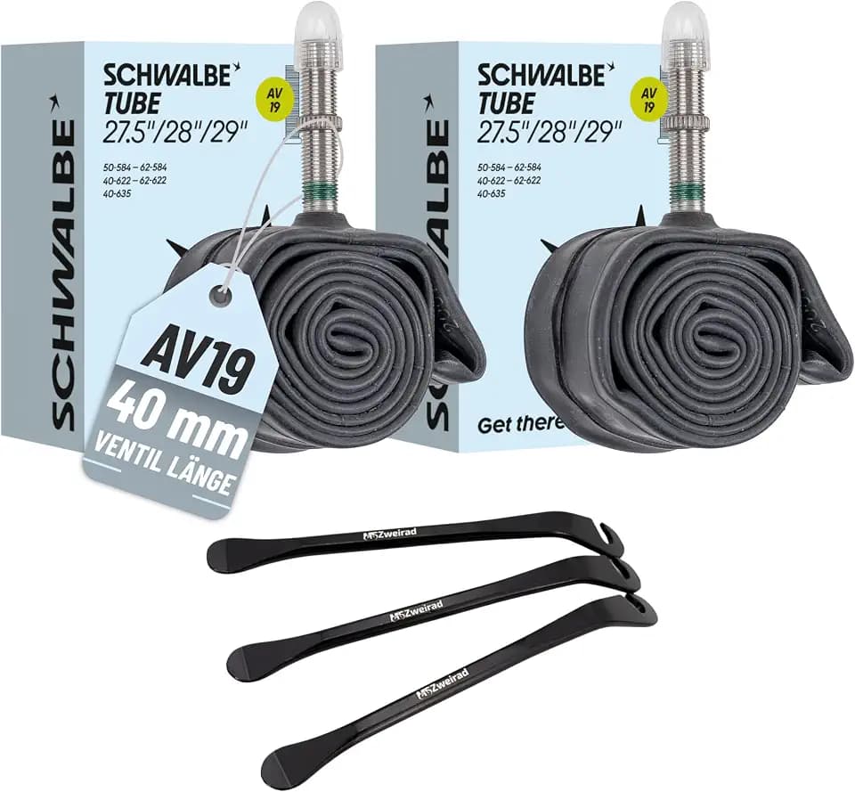 Schwalbe 2X Fahrrad Schlauch AV19-27,5 28 29 Zoll - 40mm AV Ventil | MTB & Trekking Schlauch Set - ETRTO 40/62-584/635 - Inklusive 3 stabile MSZweirad Reifenheber zur leichten Montage