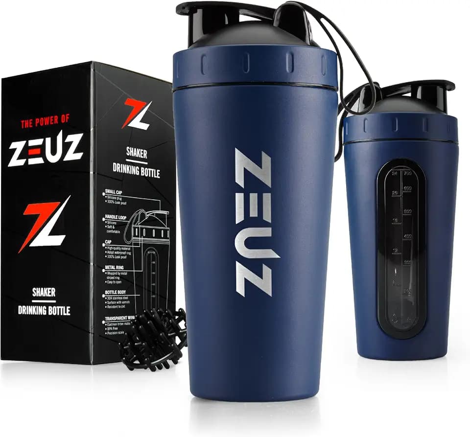 ZEUZ Edelstahl Protein Shaker Becher - Sport, Fitness, CrossFit & Training Bottle - Eiweiß-, Smoothie- & Proteinshaker - BPA-Frei - 700 ml (Marineblau)