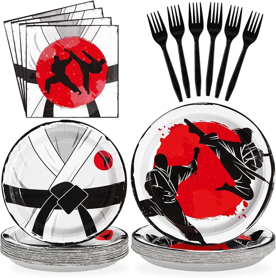 Greencian 96Pcs Karate Party Supplies Paper Plates Napkins