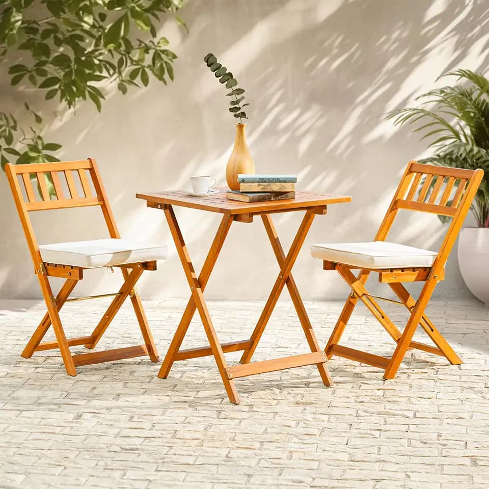 IDZO 3-Piece Folding FSC Acacia Wood Bistro Set with Cushions, 400 lbs