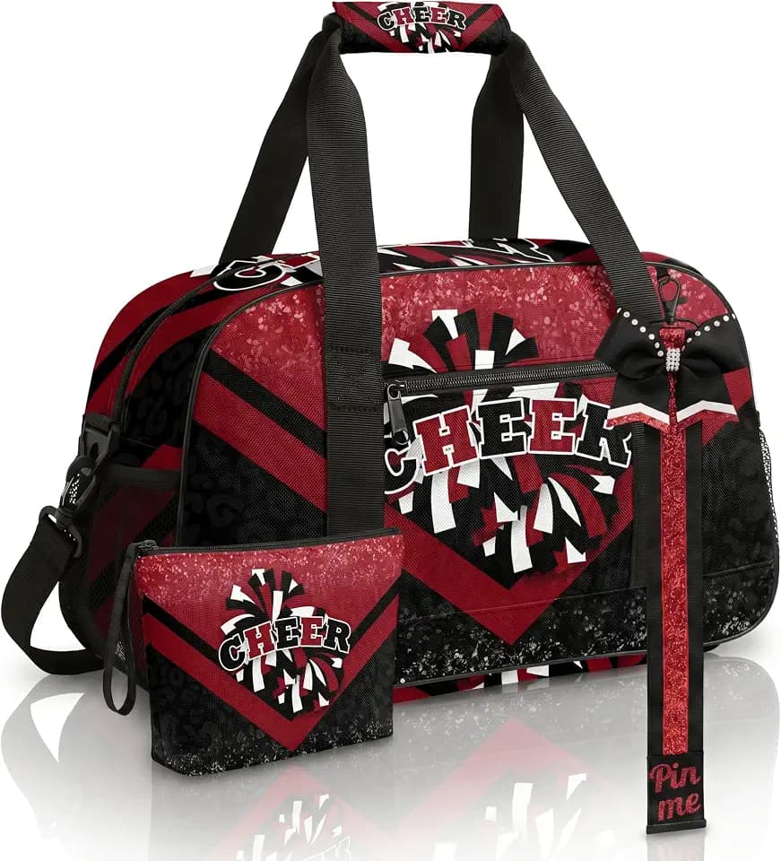 Cheer Duffel Bag with Makeup Bag & Bow Keychain, Cheerleading Dance Gymnastics Travel Sport Bag (Winered&Black)