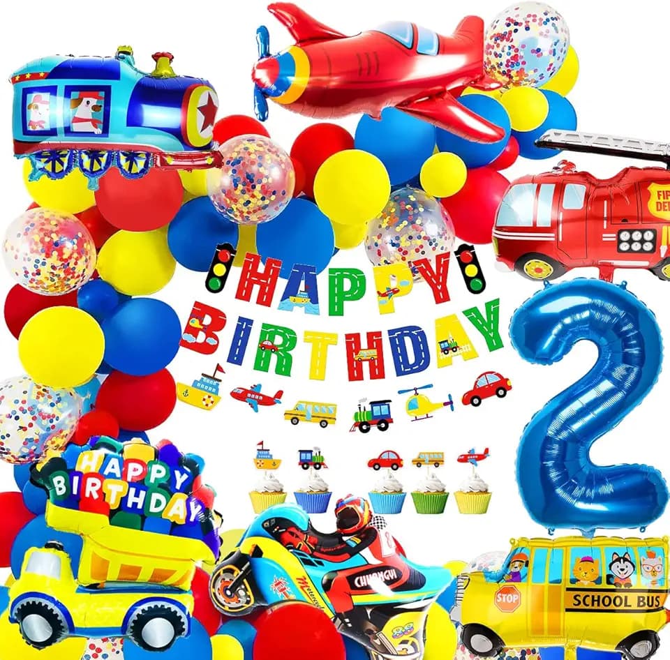 iZoeL Geburtstagsdeko Jungen 2 Jahr Folienballon Kindergeburtstag Deko Feuerwehrfahrzeuge Truck Happy Birthday Banner Girlande Cars Motorrad Luftballons Tortendeko 32pcs Ballons Kindergeburtstag Party