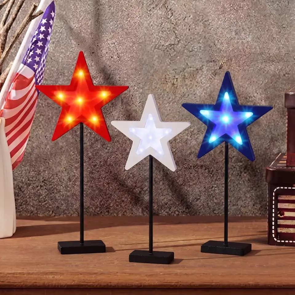Lineshading 3 Pcs 4th of July Wooden LED Star Table Decorations, Solid Style