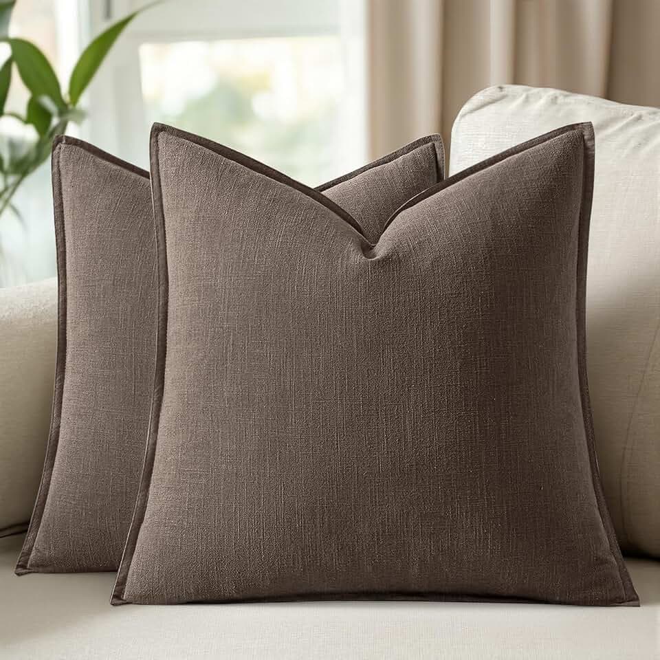 Set of 2 Linen Solid Throw Pillow Covers 18x18 Inch, Coffee