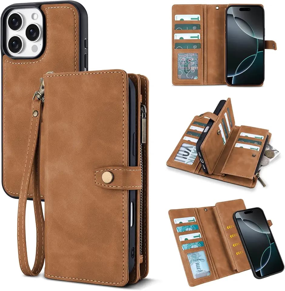TwoHead Wallet Case for iPhone 16 Pro,with 11 Card Holders,Brown