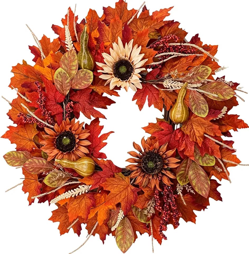 Fall Wreaths for Front Door, 24 Inch Autumn Sunflower Maple Leaf Wreath with Gourds Berries, Harvest Thanksgiving Halloween Farmhouse Door Wreath Indoor Outdoor Wall Decor