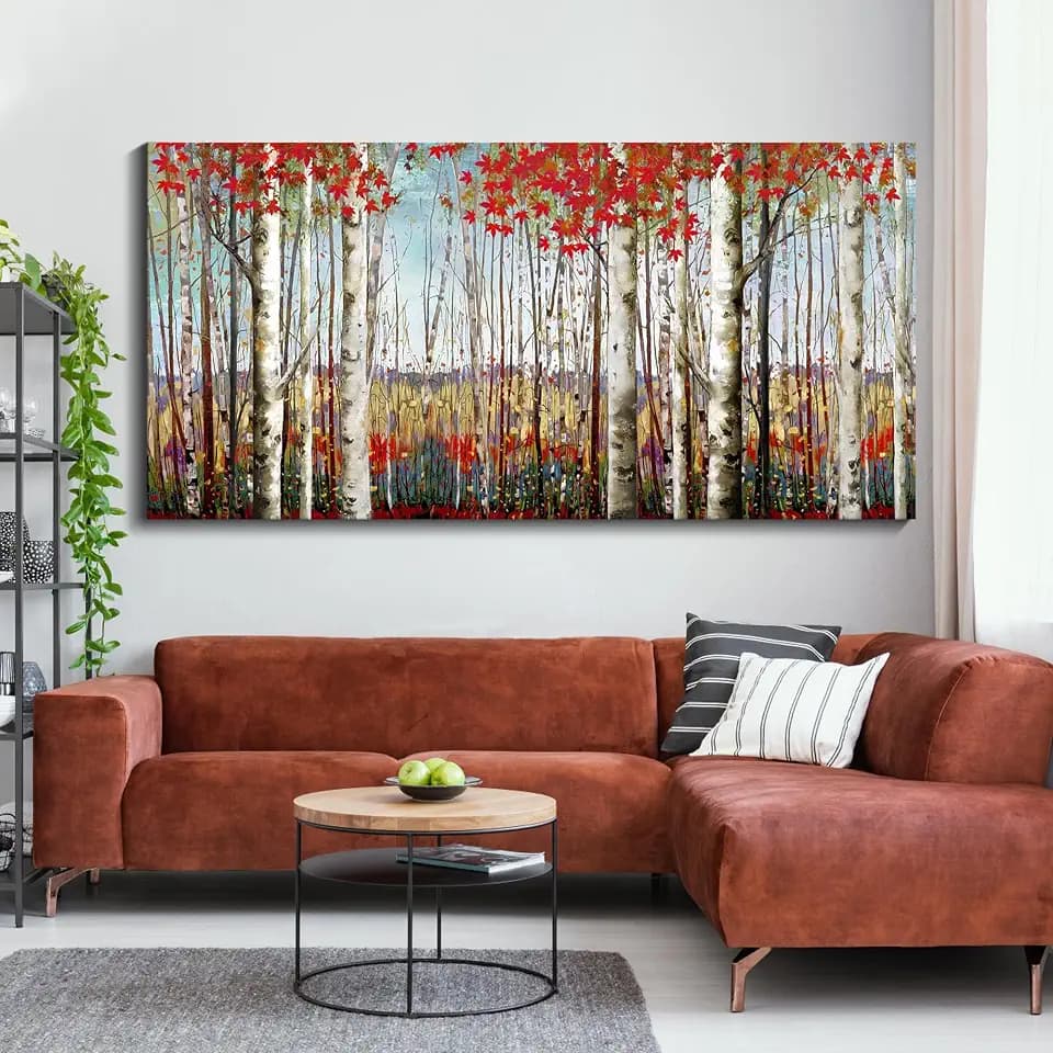 Red Tree Canvas Wall Art, Large Wall Art for Living Room Bedroom, White Birch Tree Forest Painting Modern Landscape Artwork, Large Size 29x58 Inch Wood Framed Home Decor, Ready to Hang