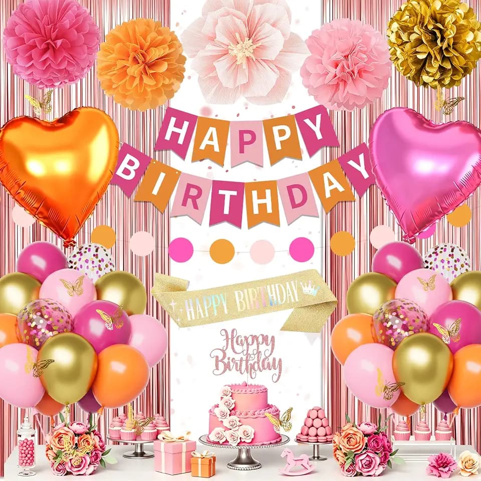 Geburtstagsdeko Frauen Mädchen, Deko Geburtstag Rosa Orange mit Happy Birthday Girlande, Luftballons Hot Rosa Orange Gold, Pompons, Schärpe, Tortendeko, Party Deko für 16 18 21 30 40 Geburtstagsfeier