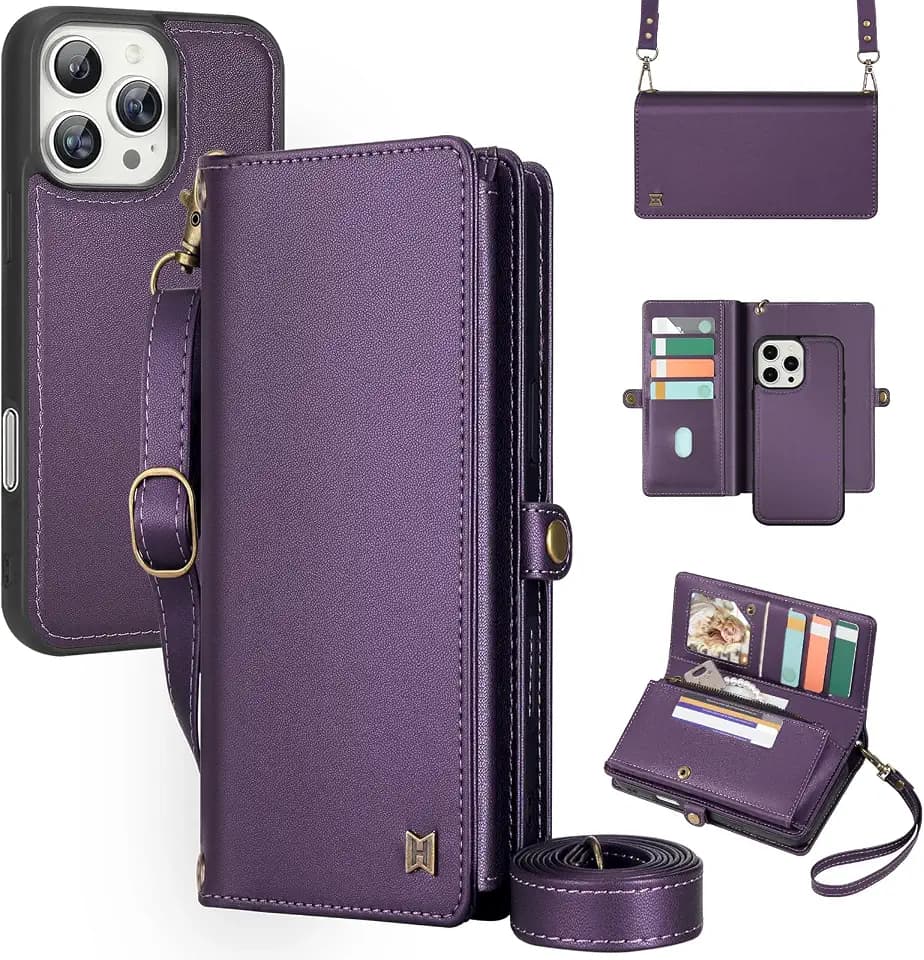 for Wallet Case Compatible with iPhone 16 Pro,Multi-Function Detachable 2 in 1 Magnetic iPhone 16 Pro Case Wallet,Flip Strap Zipper Card Holder Phone Case with Shoulder Straps (Pruple)