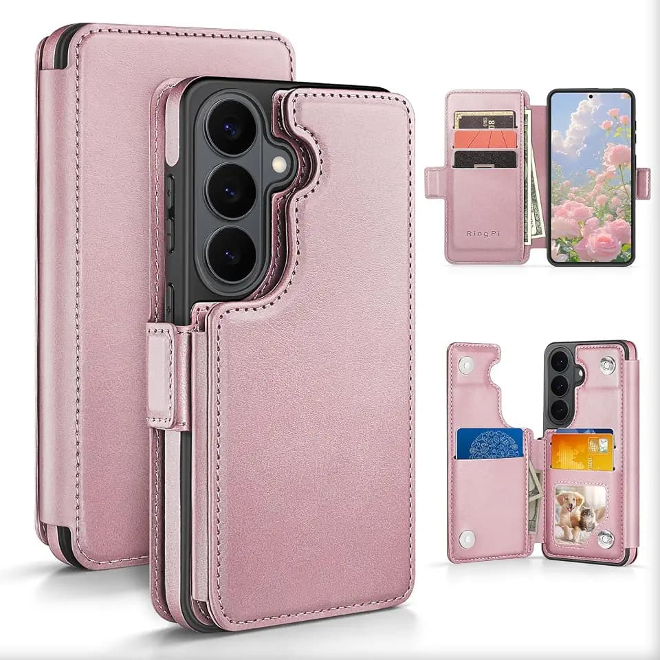 RingPi Designed for Samsung Galaxy S26 Case Wallet with Card Holder,[Full Front & Back Protection][Magnetic Clasp Cover][RFID Blocking Leather] Shockproof,Unisex Case for Samsung S26, Rose Gold