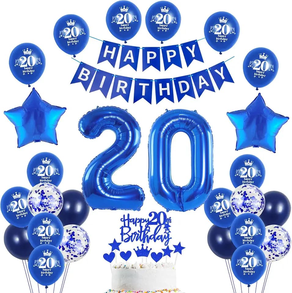 Blau Luftballon 20. Geburtstag Mann Deko 20 Geburtstag ballon,Geburtstagsdeko 20 jahre Mann,Happy Birthday Girlande Banner,Blau Tortendeko 20 jahre mann Kuchendeko,Riesen Folienballon 20