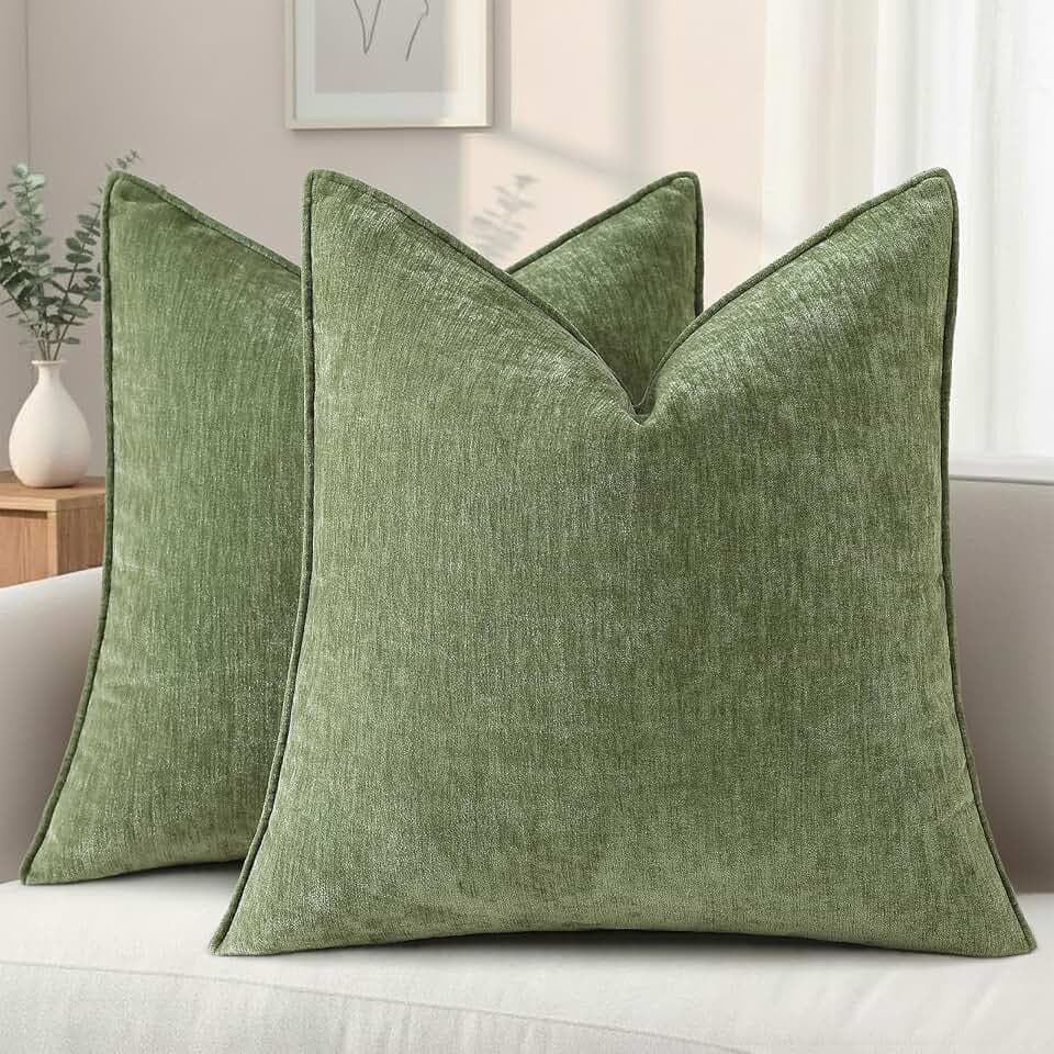 decorUhome Chenille Olive Green Velvet Throw Pillow Covers 18x18 Set of 2