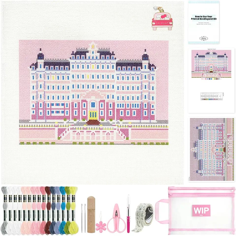 Kaitiaki 18 mesh Needlepoint Canvas Kit, 8 in Painted Canvas Set with Embroidery Floss, Needles, Guide Card, Instruction, Threader, Scissors & Project Bag for Crafter Gift(Budapest)