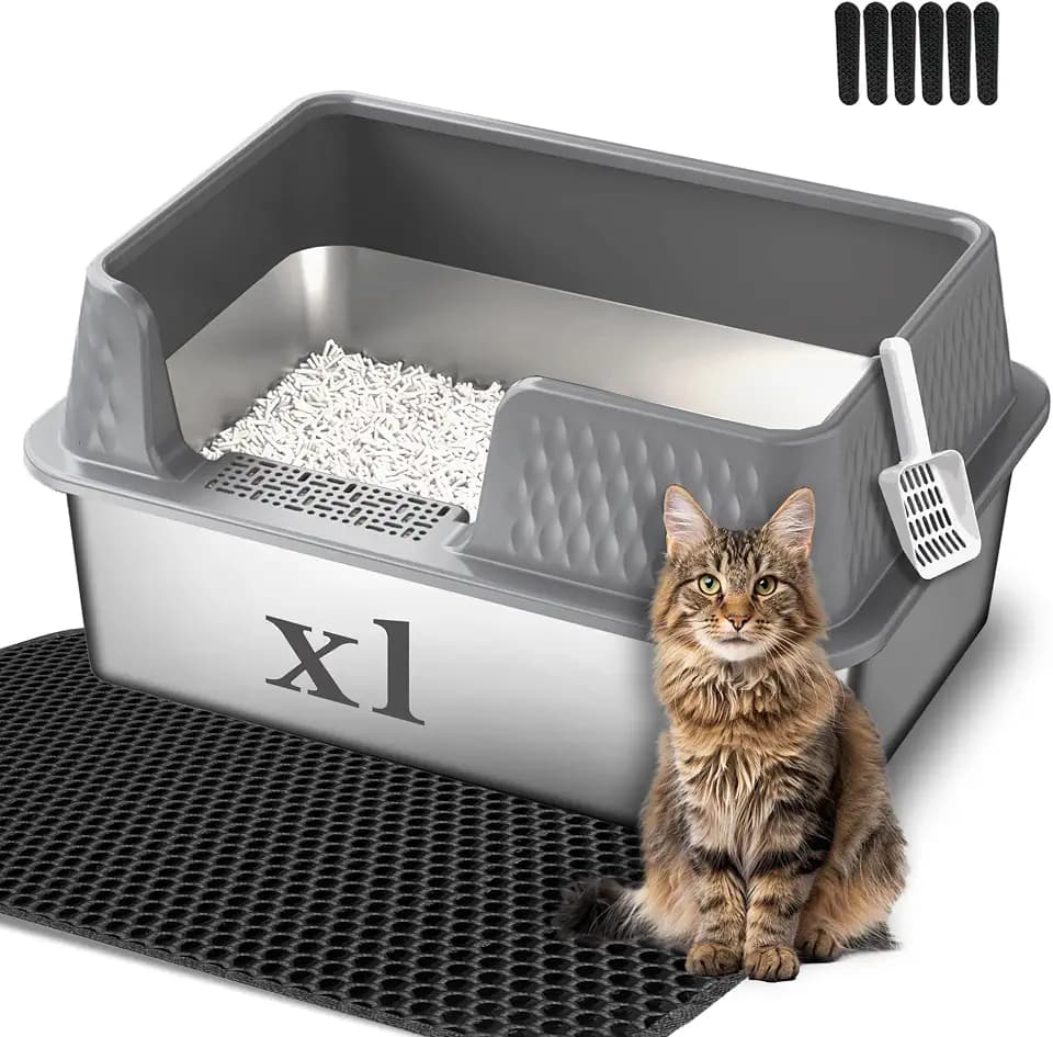 Suhaco Edelstahl Katzenklo mit Deckel Matte und Schaufel für katzentoilette Hohe Seiten XL Leicht Zu Reinigen Große Streukasten (XL,Grau)