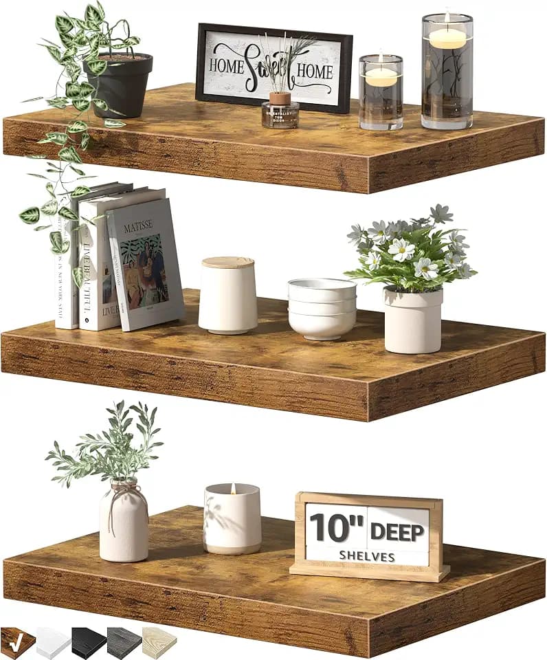 QEEIG 10" Deep Floating Projector Shelves Under TV Shelf (Brown, Set of 3)