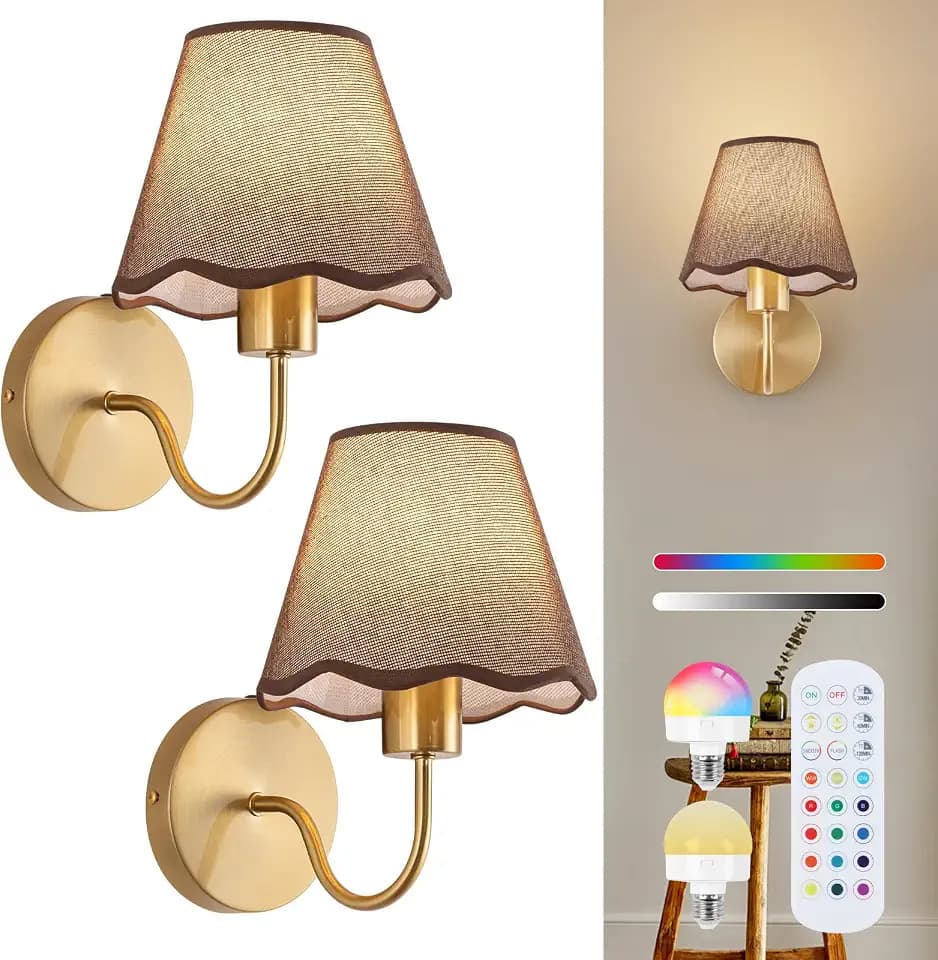 ADISUN Battery Operated Wall Sconce Set of 2, Gold Wall Lamps Rechargeable Bulbs for Living Room, Brown Rattan Shade, Wireless Wall Lights for Bedroom Living Room Hallway Kitchen(2 Bulbs Included)