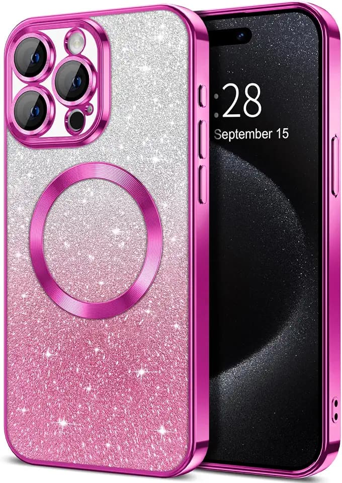 Hython for iPhone 15 Pro Case Clear Magnetic Glitter Phone Cases [Compatible with MagSafe] Full Camera Lens Protector Slim Gradient Sparkle Luxury Plating Shockproof Protective Cover Women, Hot Pink