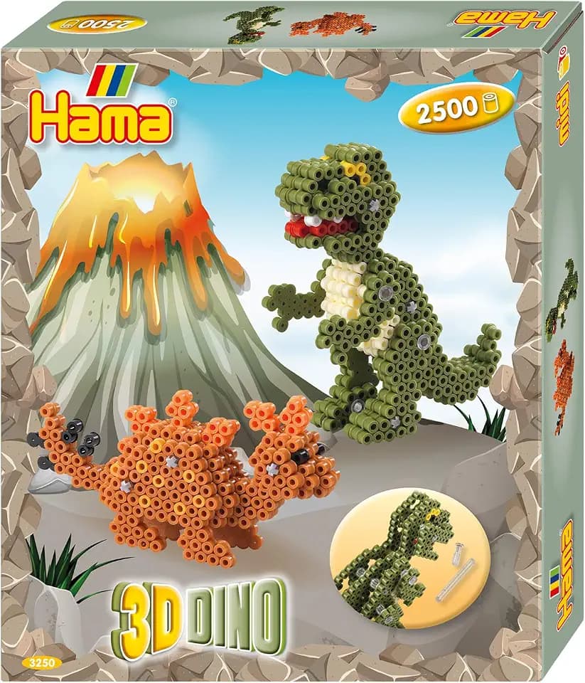 Hama Perlen 3250 Geschenk-Set 3D Dinos mit ca. 2.500 bunten Midi Bügelperlen mit Durchmesser 5 mm, Motivvorlage und Stiftplatte, inkl. Bügelpapier, kreativer Bastelspaß für Groß und Klein