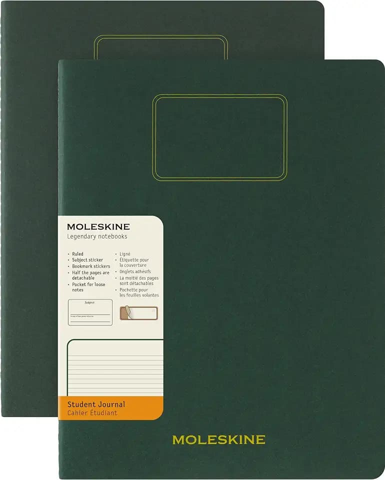 Moleskine Student Cahier Journal, Set 2 Linierte Notizhefte mit Heraustrennbaren Seiten, Kartonumschlag und Aufkleber, Farbe Myrtegrün, Format XXL 21,6 x 27,9 cm