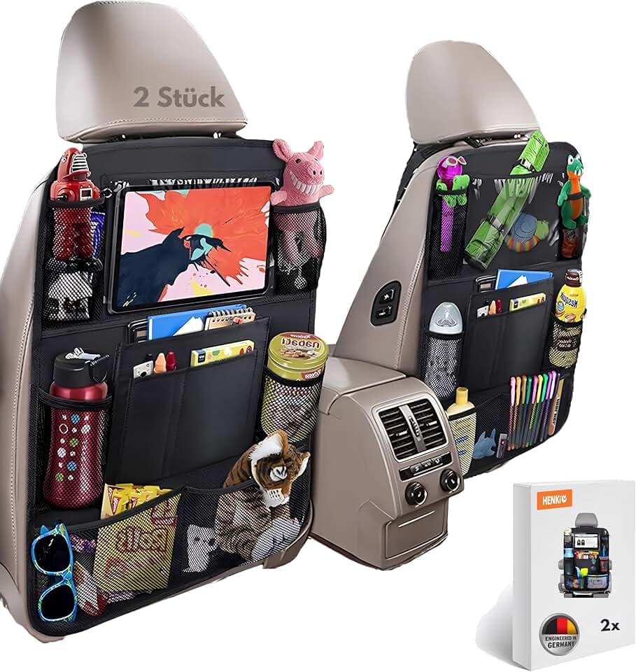 HENKi 2x Autositz-Organizer Auto Rücksitz für bis zu 11-Zoll Tablet, 8 Taschen, Kinderspielzeug-Aufbewahrung, wasserdichter Rücksitzschutz für Kinder