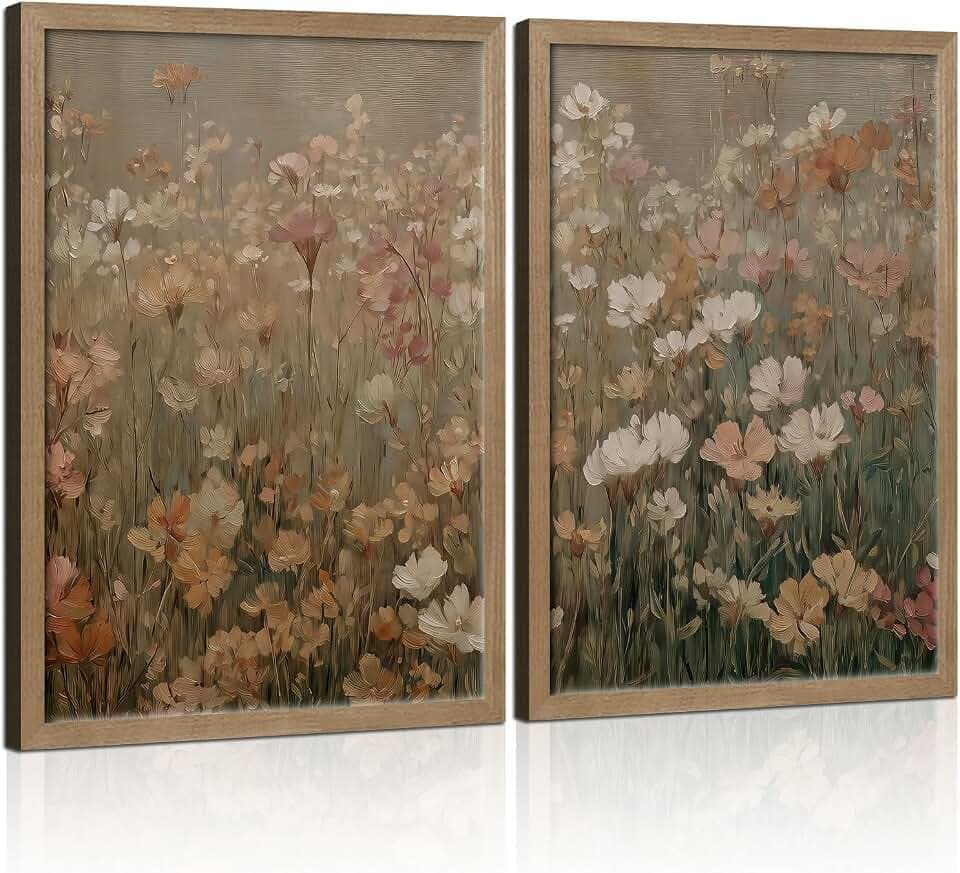 Framed Vintage Canvas Wall Art Modern Floral Poster Picture Countryside Painting Nature Landscape Contemporary Home Print Living Room Gallery Office Ready to Hang 16x24 Inch x2