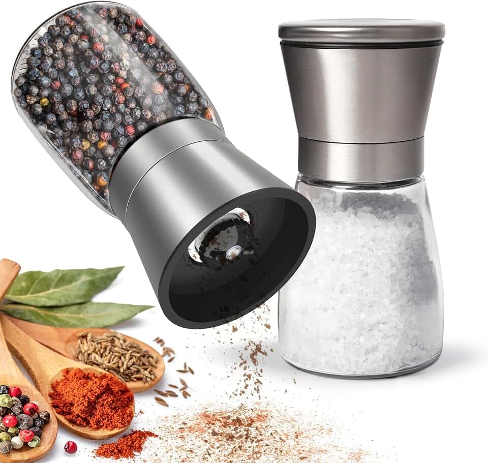 KitchenBoss Salz und Pfeffermühle 2er Set：Gewürzmühle Einstellbar Salzmühle für Grobes Salz, Salt and Pepper Grinder mit Keramikmahlkern, für Salz, Pfeffer, Chilli (Unbefüllt)