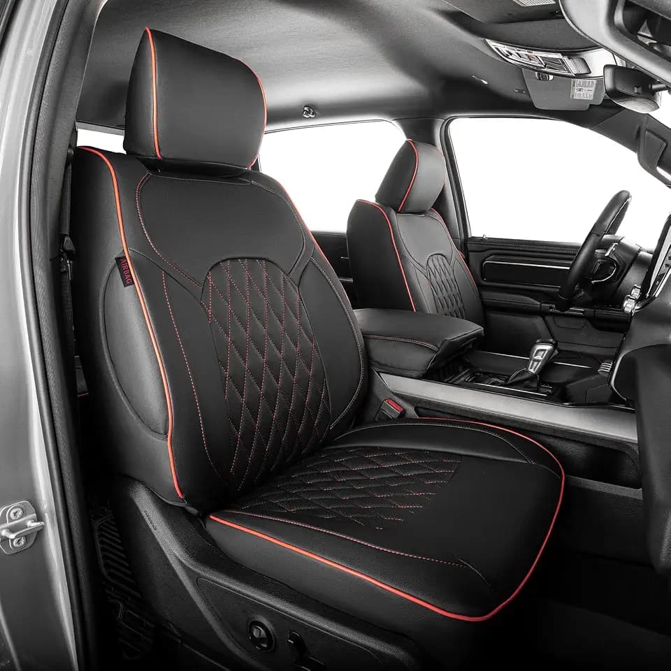 EKR Ram 1500 Seat Covers Custom Fit for (Crew Cab) RAM 1500 Big Horn/Rebel/Tradesman/Lone Star 2019-2026,Waterproof Leather Car Seat Cover for Trucks Full Set-Faux Leather (Black with Red Piping)