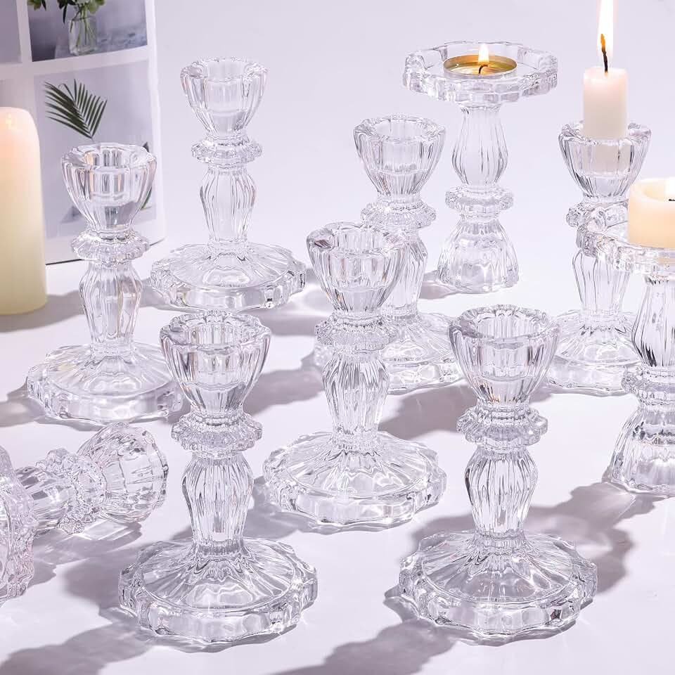 12pcs Taper Candle Holders, Candlestick Holders, Glass Candle Holder - Vintage Flower Design Candle Holders for Wedding & Home Table Decoration, Christmas Decor (Clear)
