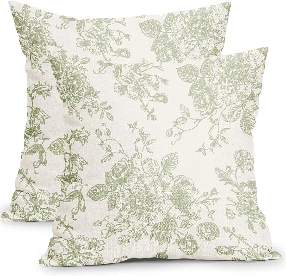 Vintage Floral Pillow Covers 16x16 Inch Set of 2 Sage Green and Cream Floral Throw Pillow Covers Chinoiserie Flower Pillowcases Rustic Farmhouse Cotton Linen Cushion Covers for Couch Bed Sofa Decor