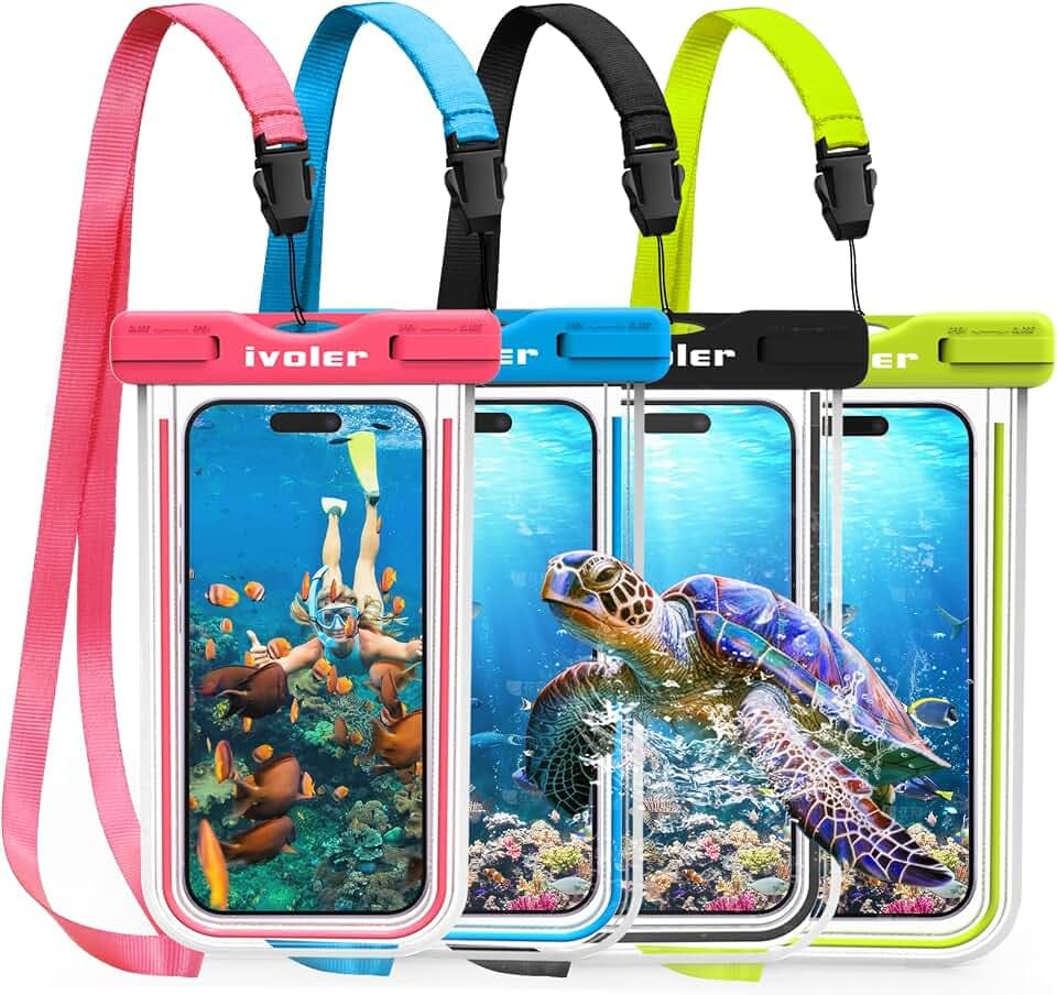 ivoler wasserdichte Handyhülle Tasche 4 Stücke, Handytasche Wasserdicht, Handy Wasserfest Hülle, Universal Staubdichte Schutzhülle für iPhone, Samsung, usw zu 6.9 Zoll. (Schwarz+Blau+Grüne+Rosa)