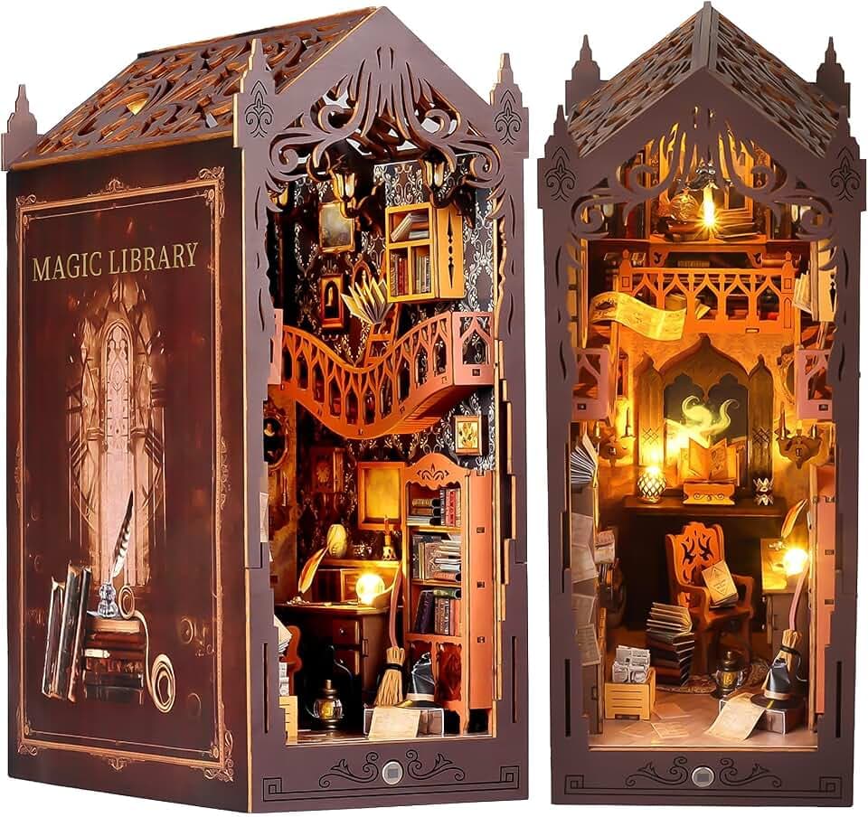 DIY Book Nook Kit, Puppenhäuser Miniatur Haus Kit mit Staubschutzhülle LED-Licht 3D Puzzle Aus Holz Bibliothek (Bücherkabinett)