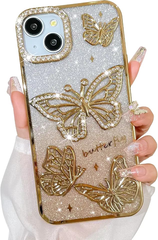 Bonoma Glitter Case for iPhone 15 Plus,Cute 3D Gold Butterfly Pattern