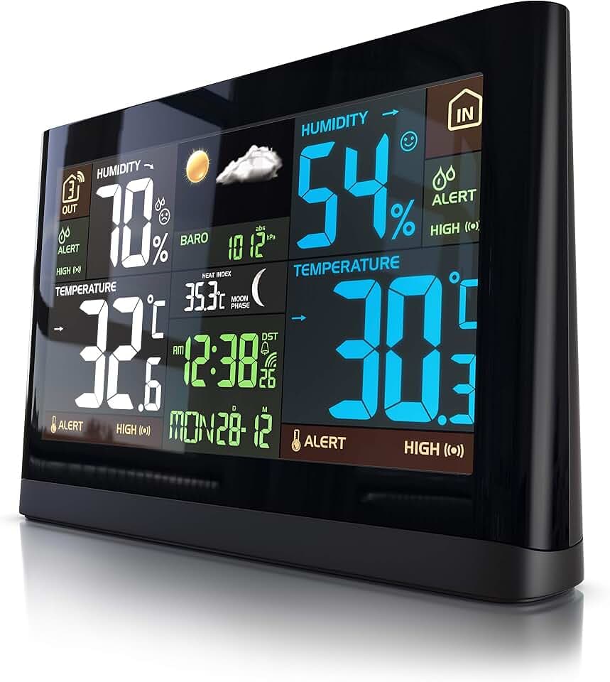 Brandson Funk Wetterstation mit Farbdisplay - mit Außensensor - DCF Empfangssignal Funkuhr - Innen- und Außentemperatur - relativer Luftdruck - Barometer - Temperaturtrend – Lichtsensor - LCD-Display