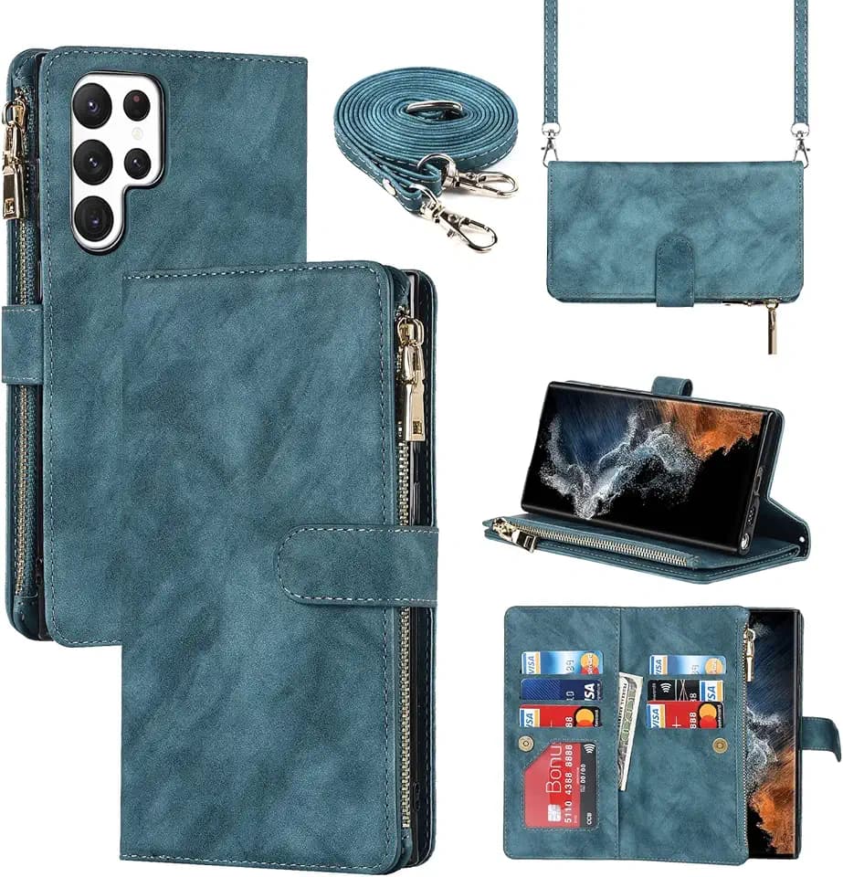 for Samsung Galaxy S22 Ultra 5G Wallet Case for Women with Card Holder,Galaxy S22 Ultra Crossbody Phone Cases with Shouler Strap,Zipper Pocket PU Leather Kickstand Purse,6.8" Blue