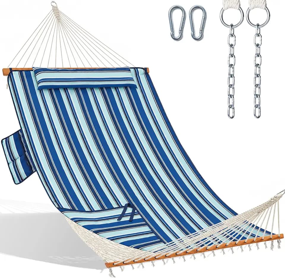 GAFETE 12FT 2 Person Handwoven Rope Hammock with Pad and Pillow for Outside
